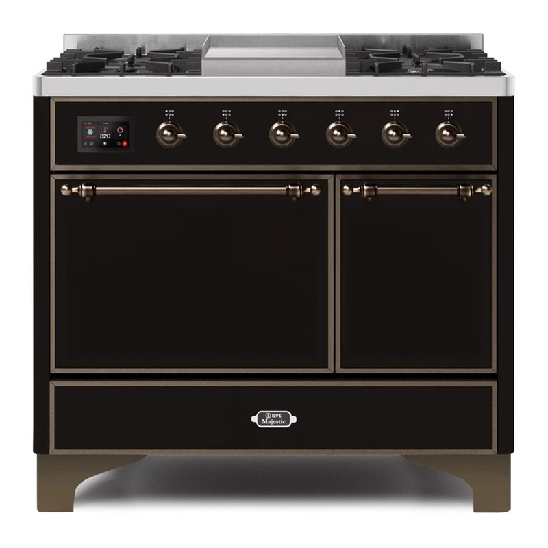 ILVE UMD10FDQNS3BKBLP Majestic II 40" Dual Fuel Range (Liquid Propane, Solid Door, Glossy Black, Bronze)