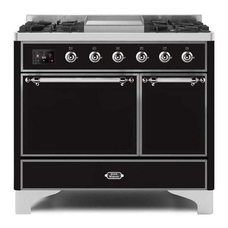 ILVE UMD10FDQNS3BKCLP Majestic II 40" Dual Fuel Range (Liquid Propane, Solid Door, Glossy Black, Chrome)