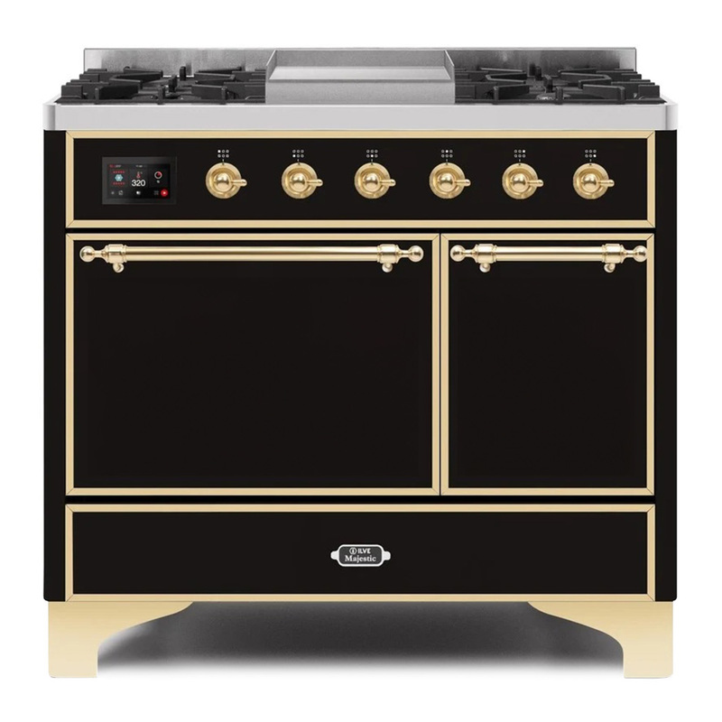 ILVE UMD10FDQNS3BKGLP Majestic II 40" Dual Fuel Range (Liquid Propane, Solid Door, Glossy Black, Brass)