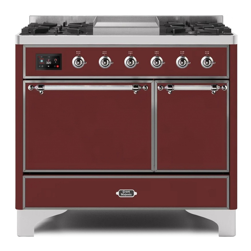 ILVE UMD10FDQNS3BUCLP Majestic II 40" Dual Fuel Range (Liquid Propane, Solid Door, Burgundy, Chrome)