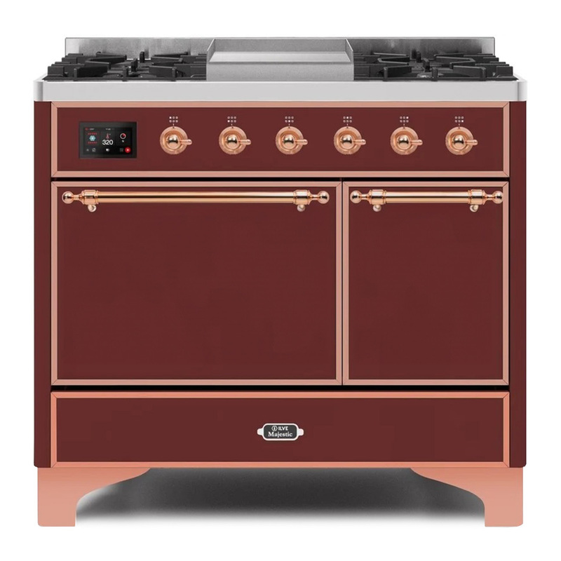 ILVE UMD10FDQNS3BUPLP Majestic II 40" Dual Fuel Range (Liquid Propane, Solid Door, Burgundy, Copper)