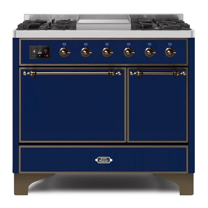 ILVE UMD10FDQNS3MBBLP Majestic II 40" Dual Fuel Range (Liquid Propane, Solid Door, Midnight Blue, Burnished)