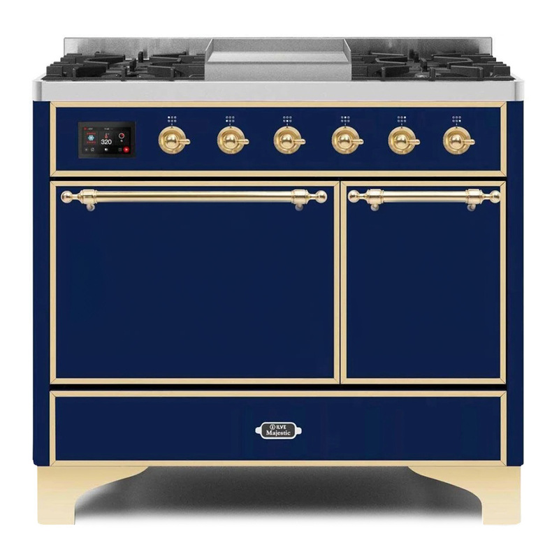 ILVE UMD10FDQNS3MBGLP Majestic II 40" Dual Fuel Range (Liquid Propane, Solid Door, Midnight Blue, Brass)