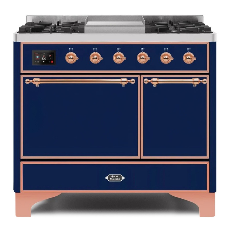 ILVE UMD10FDQNS3MBPLP Majestic II 40" Dual Fuel Range (Liquid Propane, Solid Door, Midnight Blue, Copper)