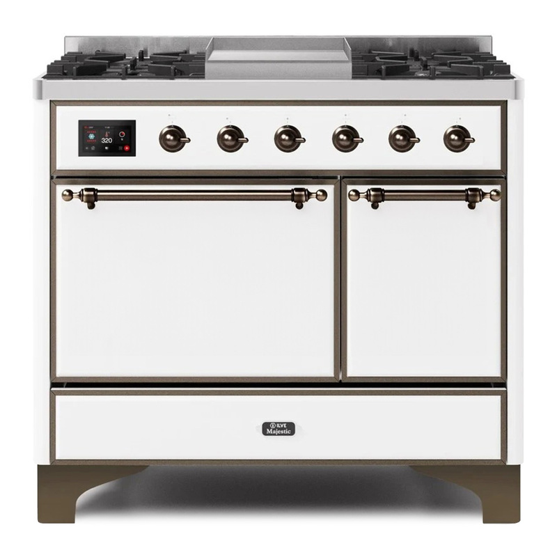 ILVE UMD10FDQNS3WHBLP Majestic II 40" Dual Fuel Range (Liquid Propane, Solid Door, White, Bronze)