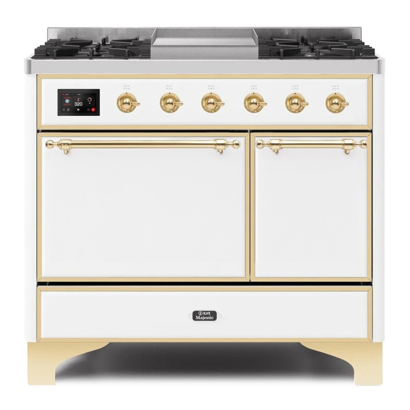 ILVE UMD10FDQNS3WHGLP Majestic II 40" Dual Fuel Range (Liquid Propane, Solid Door, White, Brass)