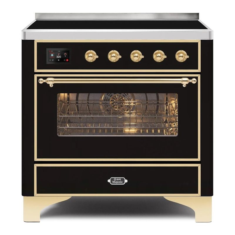 ILVE UMI09NS3BKG Majestic II 36" Induction Range (Triple Glass Door, Glossy Black, Brass)