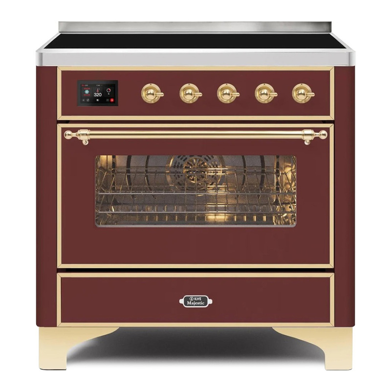 ILVE UMI09NS3BUG Majestic II 36" Induction Range (Triple Glass Door, Burgundy, Brass)