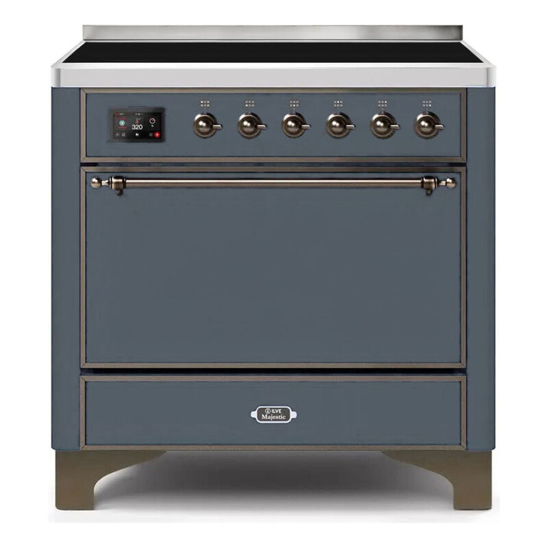 ILVE UMI09QNS3BGB Majestic II 36" Induction Range (Solid Door, Blue Grey, Burnished)