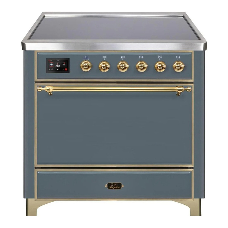 ILVE UMI09QNS3BGG Majestic II 36" Induction Range (Solid Door, Blue Grey, Brass)