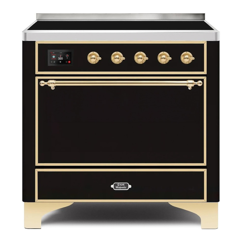 ILVE UMI09QNS3BKG Majestic II 36" Induction Range (Solid Door, Glossy Black, Brass)