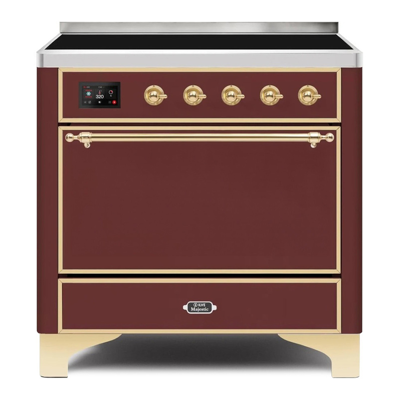 ILVE UMI09QNS3BUG Majestic II 36" Induction Range (Solid Door, Burgundy, Brass)