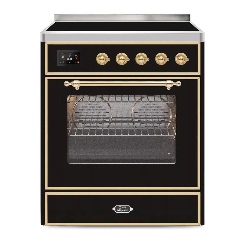 ILVE UMI30NE3BKG Majestic II 30" Induction Range (Triple Glass Door, Glossy Black, Brass)