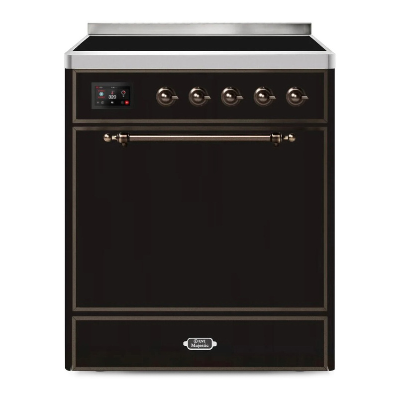 ILVE UMI30QNE3BKB Majestic II 30" Induction Range (Solid Door, Glossy Black, Burnished)