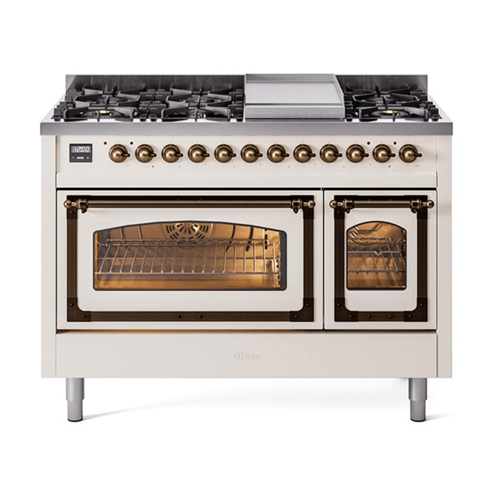 ILVE UN48FNMPAWBLP Nostalgie II Noblesse 48" Dual Fuel Range  (8 Sealed Burners + Griddle, Liquid Propane, Triple Glass Door, Antique White, Bronze)