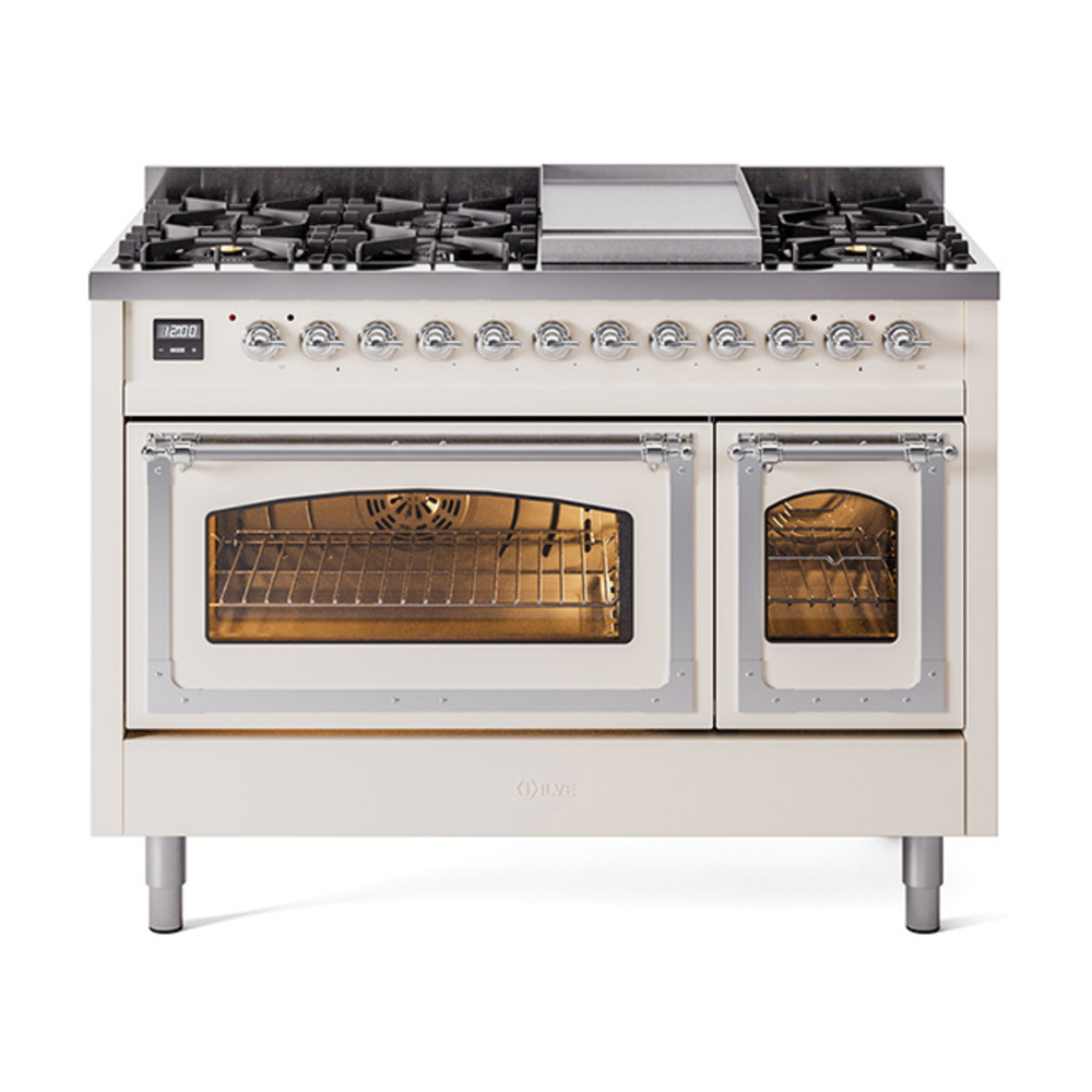 ILVE UN48FNMPAWCLP Nostalgie II Noblesse 48" Dual Fuel Range  (8 Sealed Burners + Griddle, Liquid Propane, Triple Glass Door, Antique White, Chrome)