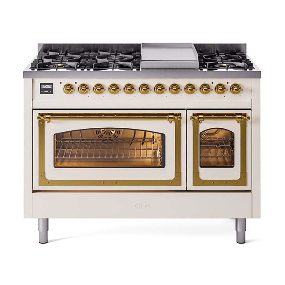 ILVE UN48FNMPAWGLP Nostalgie II Noblesse 48" Dual Fuel Range  (8 Sealed Burners + Griddle, Liquid Propane, Triple Glass Door, Antique White, Brass)