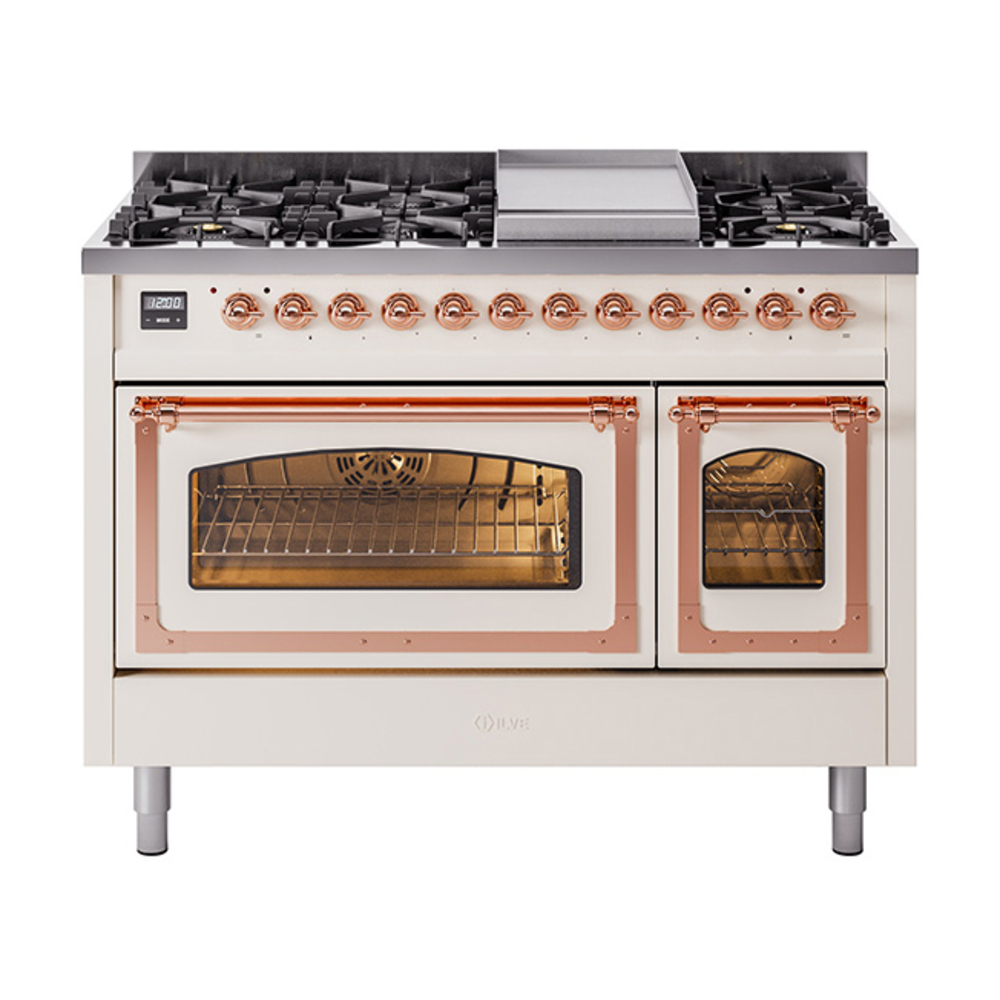 ILVE UN48FNMPAWPLP Nostalgie II Noblesse 48" Dual Fuel Range  (8 Sealed Burners + Griddle, Liquid Propane, Triple Glass Door, Antique White, Copper)