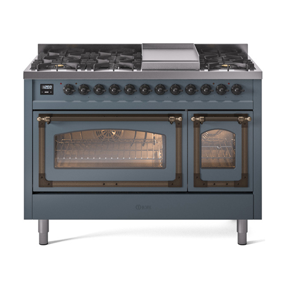 ILVE UN48FNMPBGBLP Nostalgie II Noblesse 48" Dual Fuel Range  (8 Sealed Burners + Griddle, Liquid Propane, Triple Glass Door, Blue Grey, Burnished)