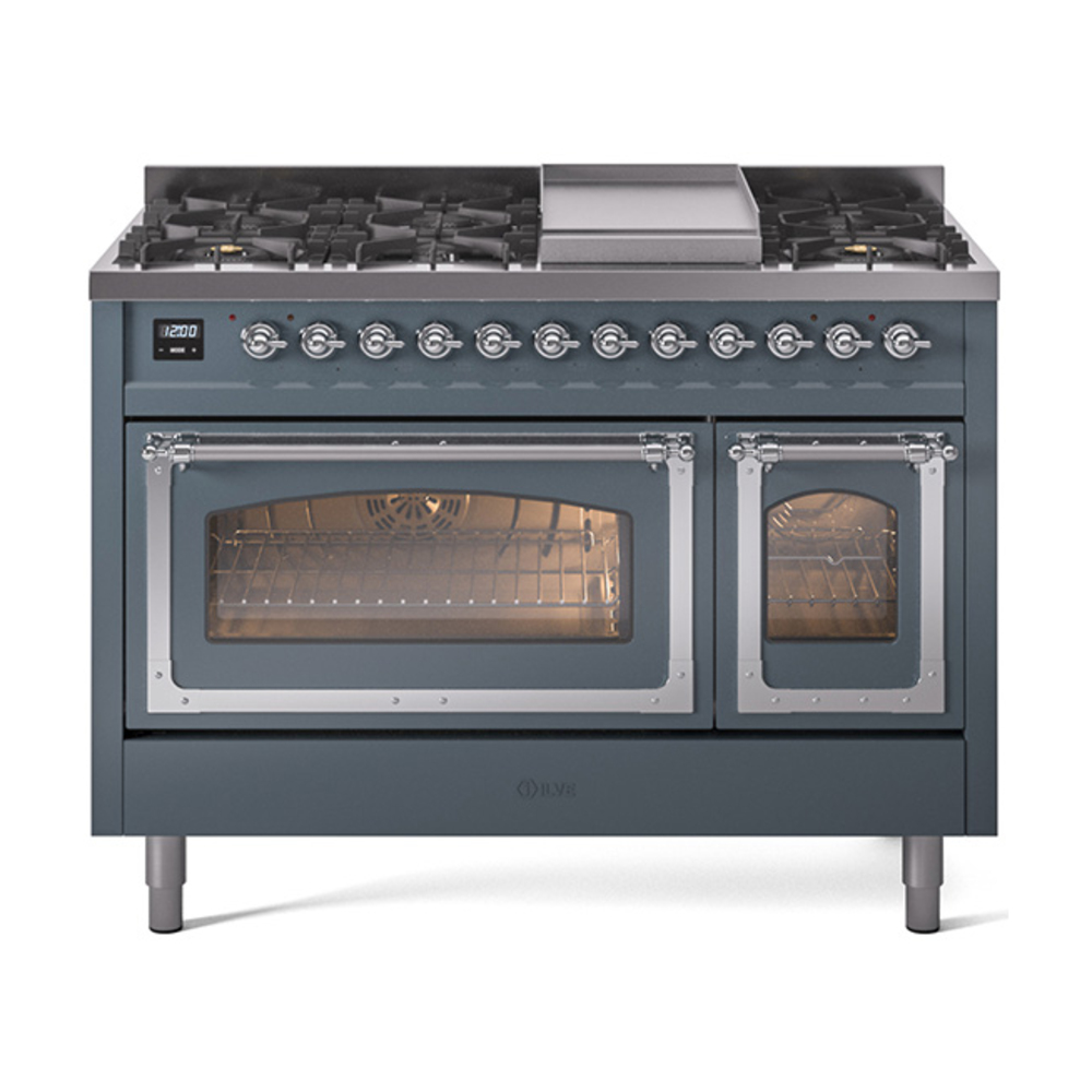 ILVE UN48FNMPBGCLP Nostalgie II Noblesse 48" Dual Fuel Range  (8 Sealed Burners + Griddle, Liquid Propane, Triple Glass Door, Blue Grey, Chrome)