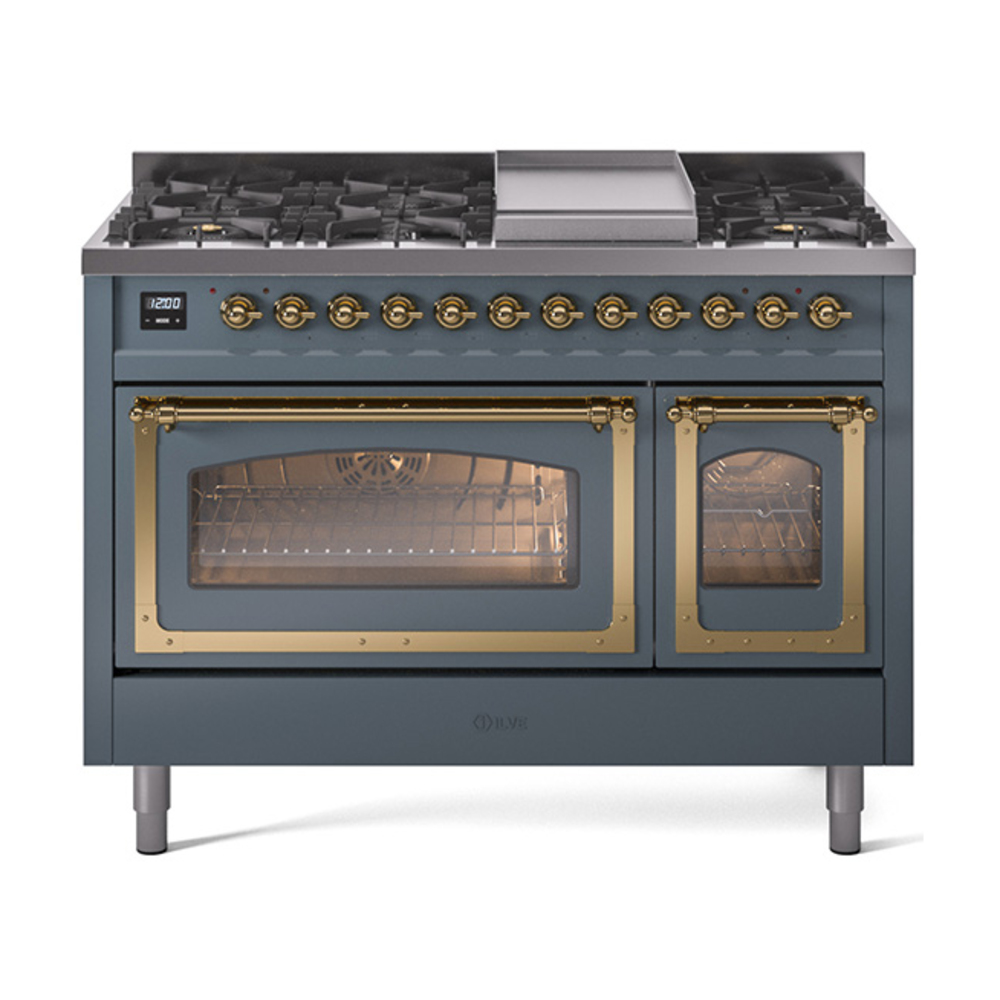 ILVE UN48FNMPBGGLP Nostalgie II Noblesse 48" Dual Fuel Range  (8 Sealed Burners + Griddle, Liquid Propane, Triple Glass Door, Blue Grey, Brass)