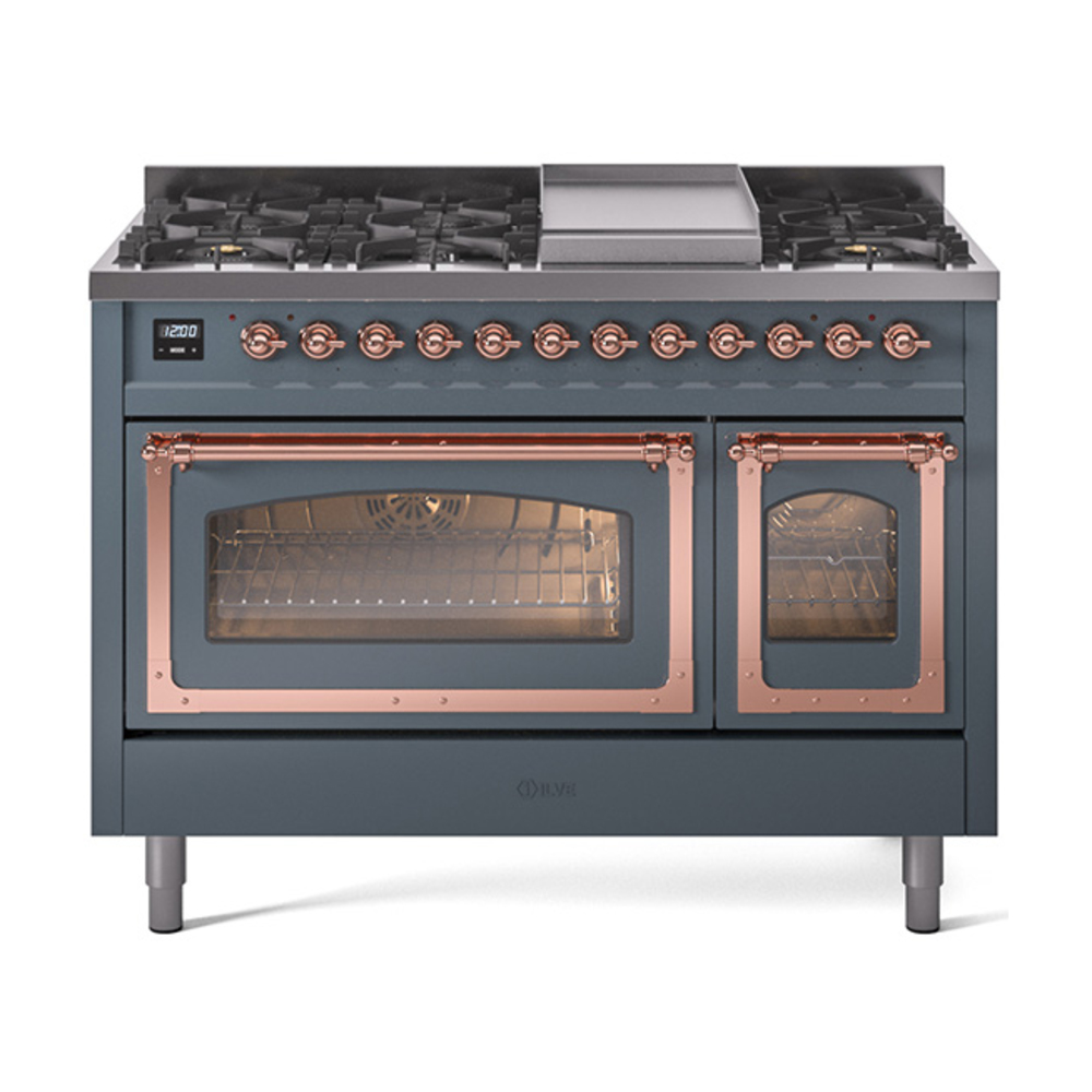 ILVE UN48FNMPBGPLP Nostalgie II Noblesse 48" Dual Fuel Range  (8 Sealed Burners + Griddle, Liquid Propane, Triple Glass Door, Blue Grey, Copper)