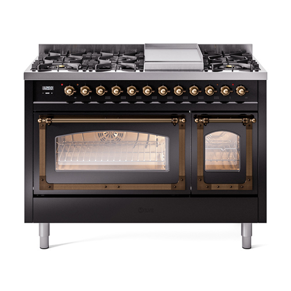 ILVE UN48FNMPBKBLP Nostalgie II Noblesse 48" Dual Fuel Range  (8 Sealed Burners + Griddle, Liquid Propane, Triple Glass Door, Glossy Black, Burnished)