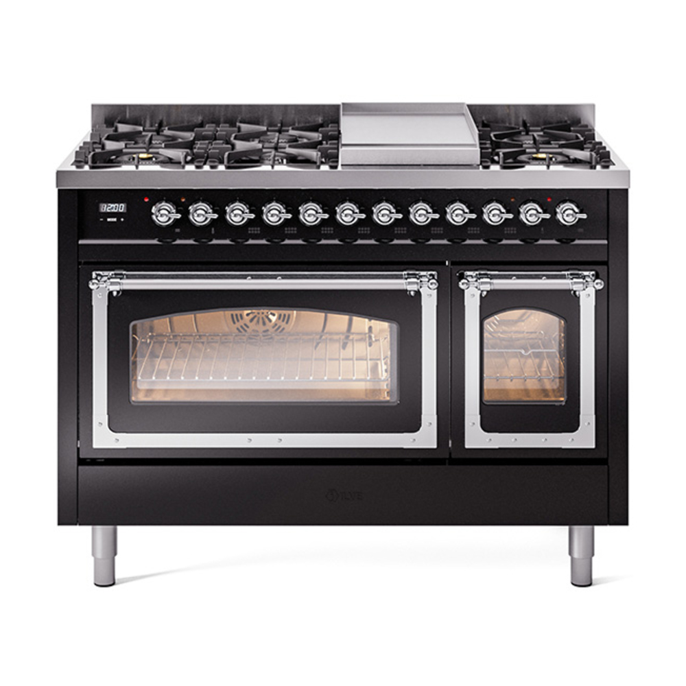 ILVE UN48FNMPBKCLP Nostalgie II Noblesse 48" Dual Fuel Range  (8 Sealed Burners + Griddle, Liquid Propane, Triple Glass Door, Glossy Black, Chrome)