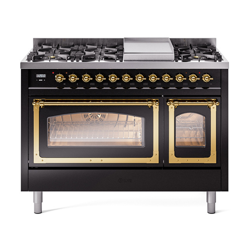 ILVE UN48FNMPBKG Nostalgie II Noblesse 48" Dual Fuel Range  (8 Sealed Burners + Griddle, Natural Gas, Triple Glass Door, Glossy Black, Brass)