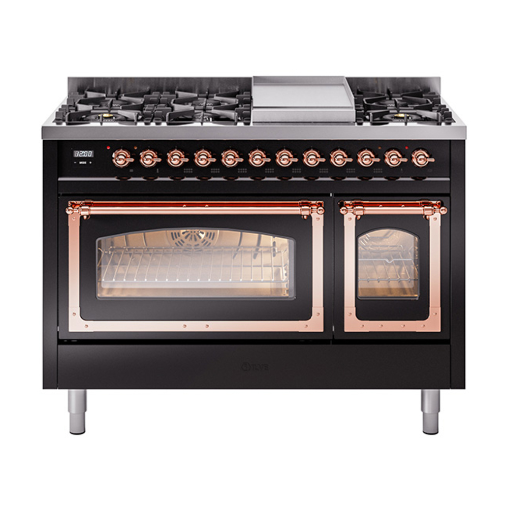 ILVE UN48FNMPBKPLP Nostalgie II Noblesse 48" Dual Fuel Range  (8 Sealed Burners + Griddle, Liquid Propane, Triple Glass Door, Glossy Black, Copper)