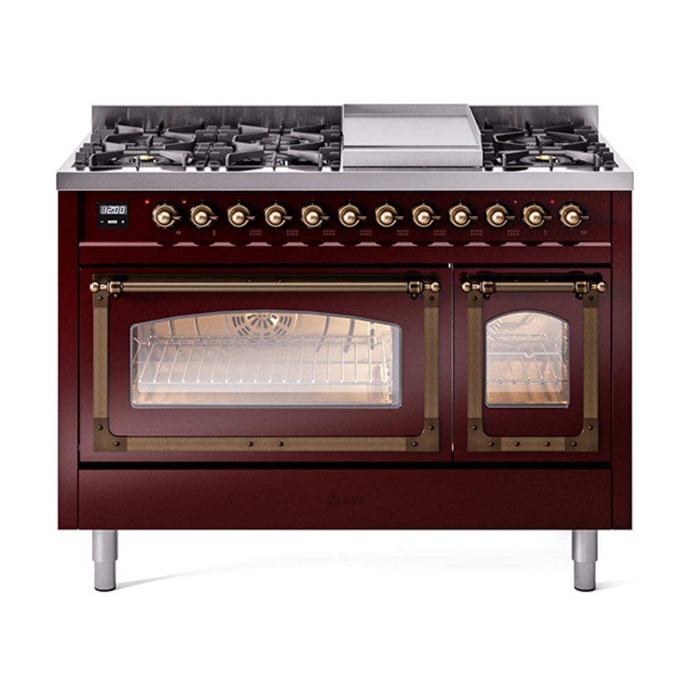 ILVE UN48FNMPBUBLP Nostalgie II Noblesse 48" Dual Fuel Range  (8 Sealed Burners + Griddle, Liquid Propane, Triple Glass Door, Burgundy, Bronze)