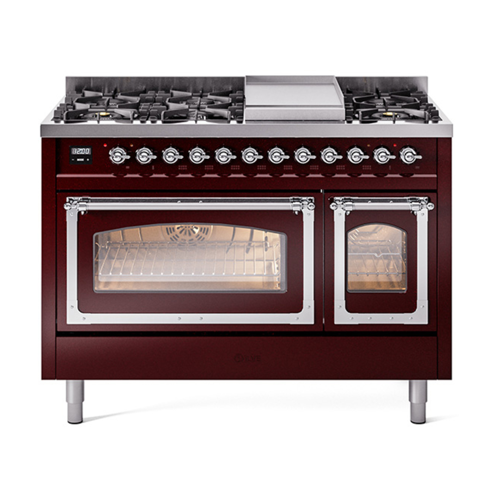 ILVE UN48FNMPBUCLP Nostalgie II Noblesse 48" Dual Fuel Range  (8 Sealed Burners + Griddle, Liquid Propane, Triple Glass Door, Burgundy, Chrome)