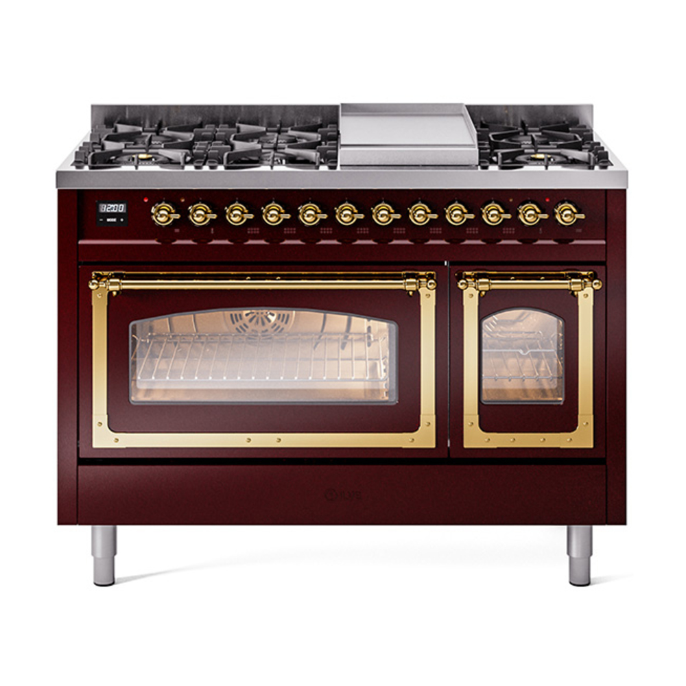 ILVE UN48FNMPBUGLP Nostalgie II Noblesse 48" Dual Fuel Range  (8 Sealed Burners + Griddle, Liquid Propane, Triple Glass Door, Burgundy, Brass)