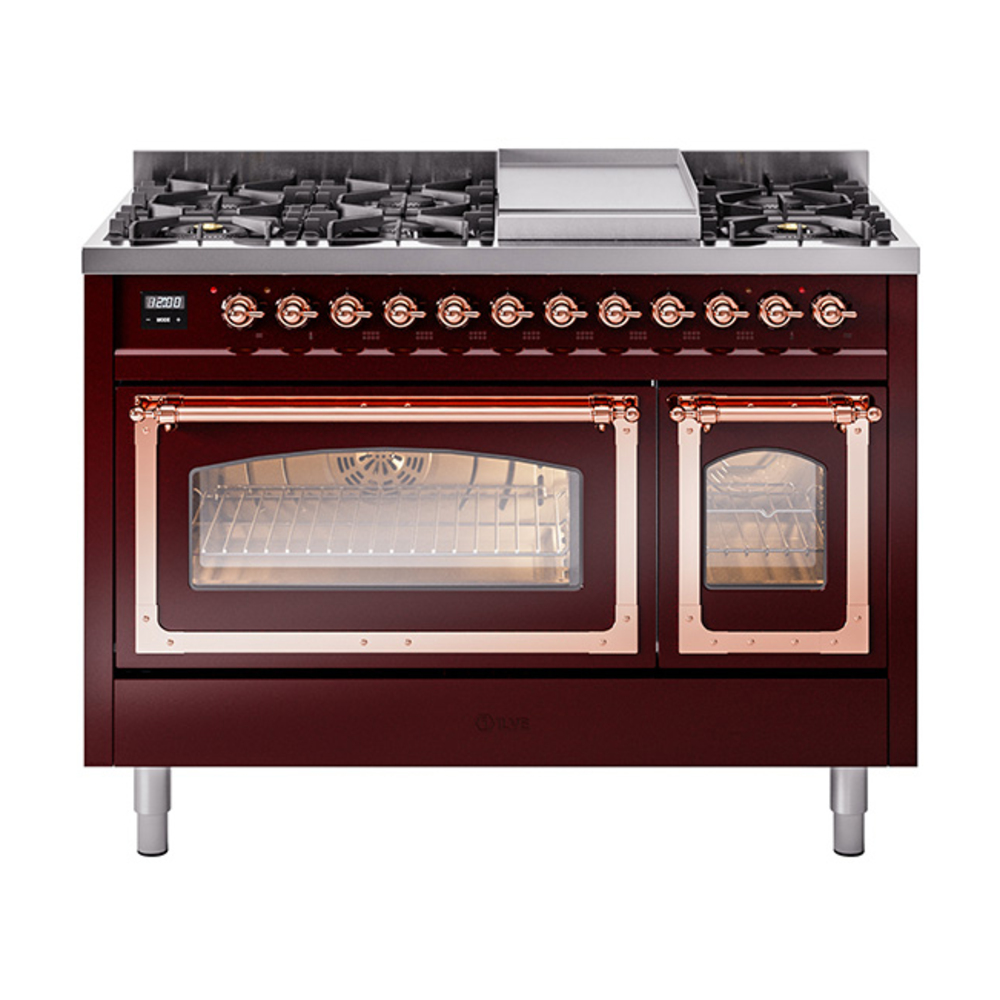 ILVE UN48FNMPBUPLP Nostalgie II Noblesse 48" Dual Fuel Range  (8 Sealed Burners + Griddle, Liquid Propane, Triple Glass Door, Burgundy, Copper)