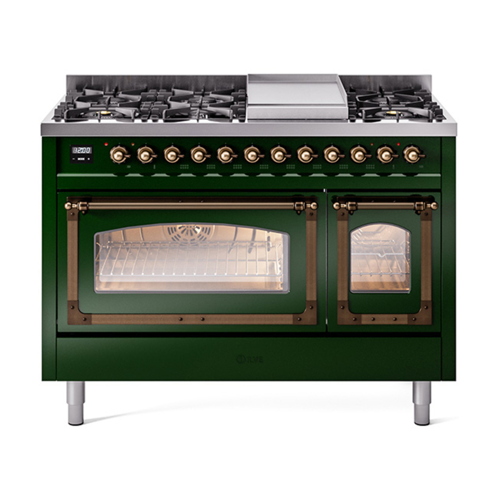 ILVE UN48FNMPEGBLP Nostalgie II Noblesse 48" Dual Fuel Range  (8 Sealed Burners + Griddle, Liquid Propane, Triple Glass Door, Emerald Green, Burnished)