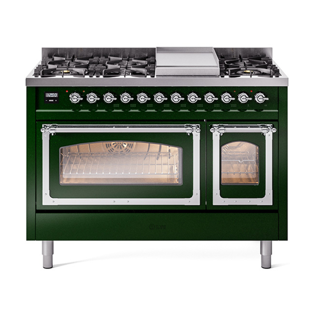 ILVE UN48FNMPEGCLP Nostalgie II Noblesse 48" Dual Fuel Range  (8 Sealed Burners + Griddle, Liquid Propane, Triple Glass Door, Emerald Green, Chrome)