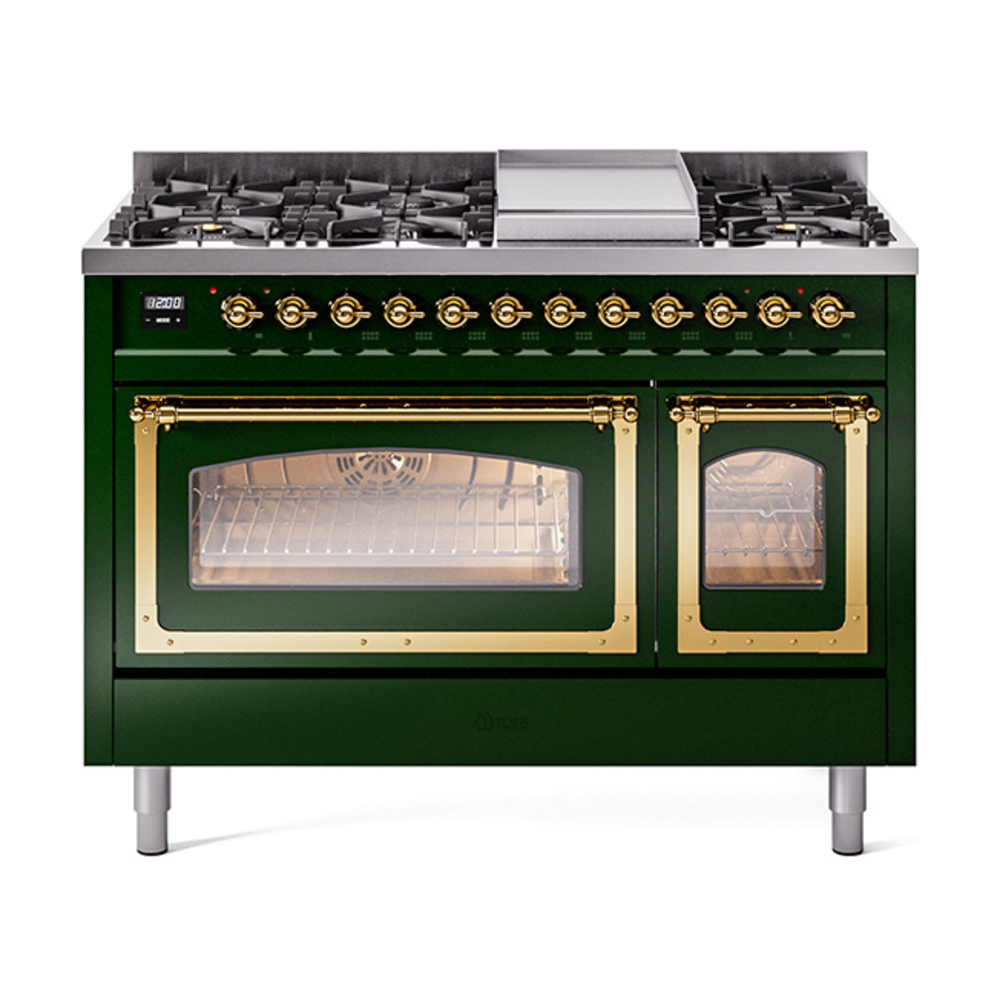 ILVE UN48FNMPEGGLP Nostalgie II Noblesse 48" Dual Fuel Range  (8 Sealed Burners + Griddle, Liquid Propane, Triple Glass Door, Emerald Green, Brass)