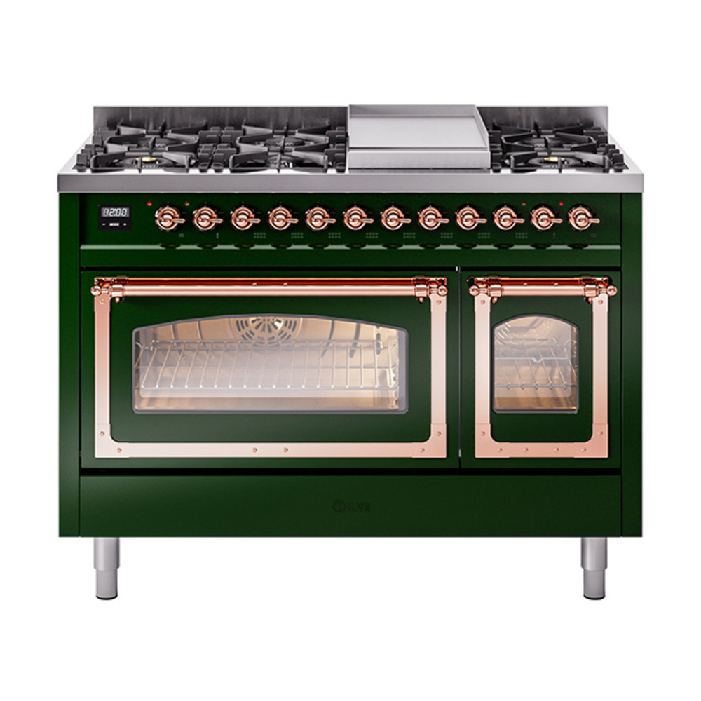 ILVE UN48FNMPEGPLP Nostalgie II Noblesse 48" Dual Fuel Range  (8 Sealed Burners + Griddle, Liquid Propane, Triple Glass Door, Emerald Green, Copper)