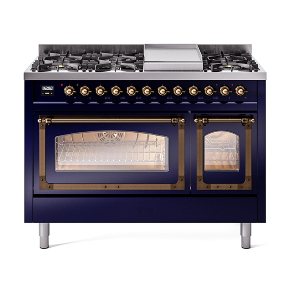 ILVE UN48FNMPMBBLP Nostalgie II Noblesse 48" Dual Fuel Range  (8 Sealed Burners + Griddle, Liquid Propane, Triple Glass Door, Midnight Blue, Bronze)