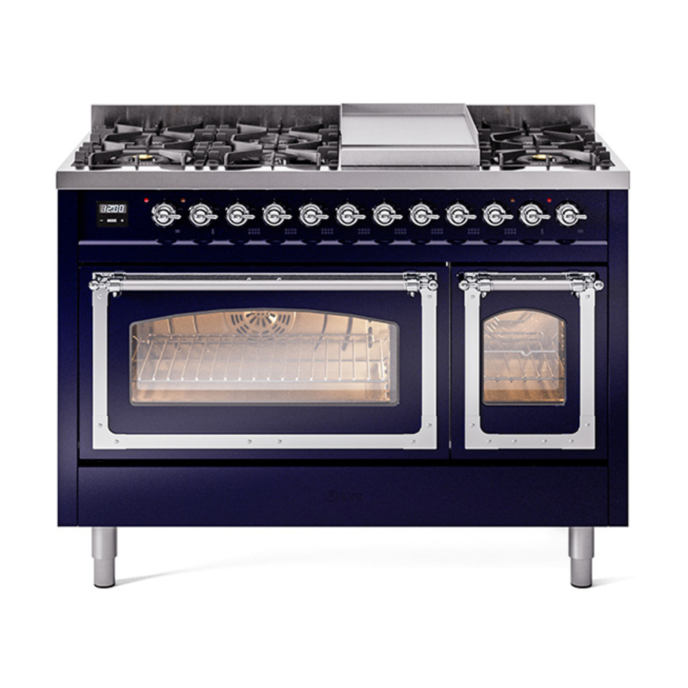 ILVE UN48FNMPMBCLP Nostalgie II Noblesse 48" Dual Fuel Range  (8 Sealed Burners + Griddle, Liquid Propane, Triple Glass Door, Midnight Blue, Chrome)