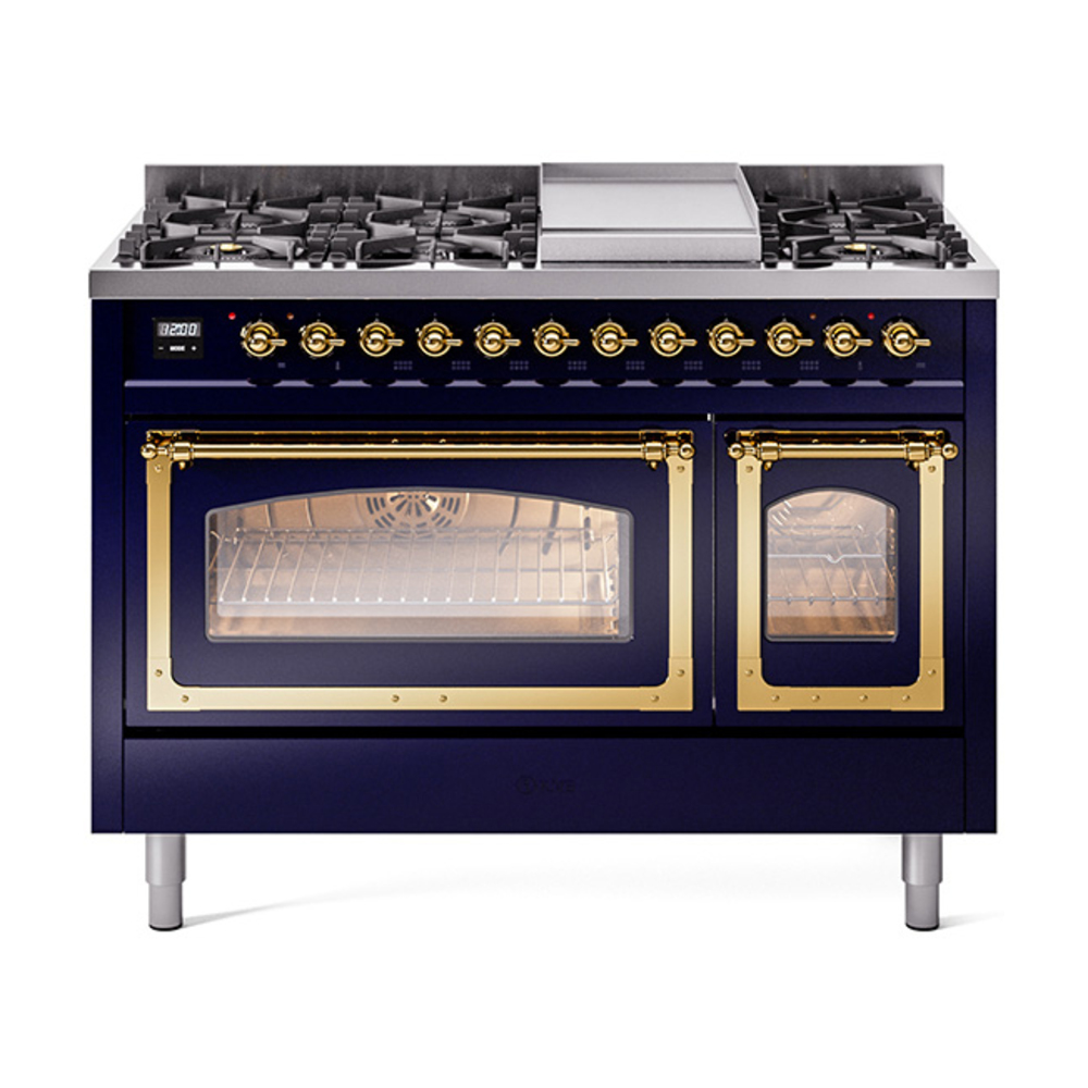 ILVE UN48FNMPMBGLP Nostalgie II Noblesse 48" Dual Fuel Range  (8 Sealed Burners + Griddle, Liquid Propane, Triple Glass Door, Midnight Blue, Brass)