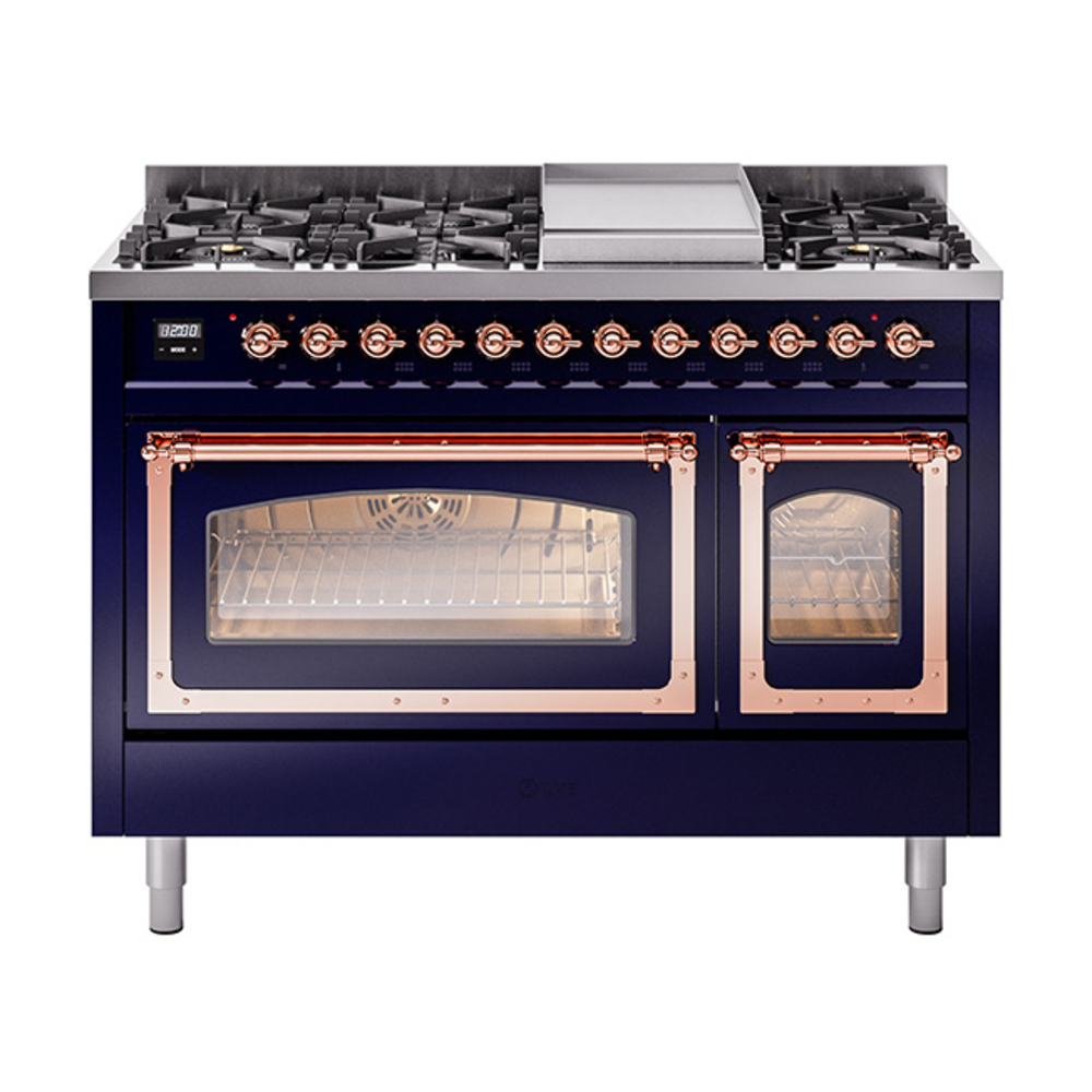 ILVE UN48FNMPMBPLP Nostalgie II Noblesse 48" Dual Fuel Range  (8 Sealed Burners + Griddle, Liquid Propane, Triple Glass Door, Midnight Blue, Copper)