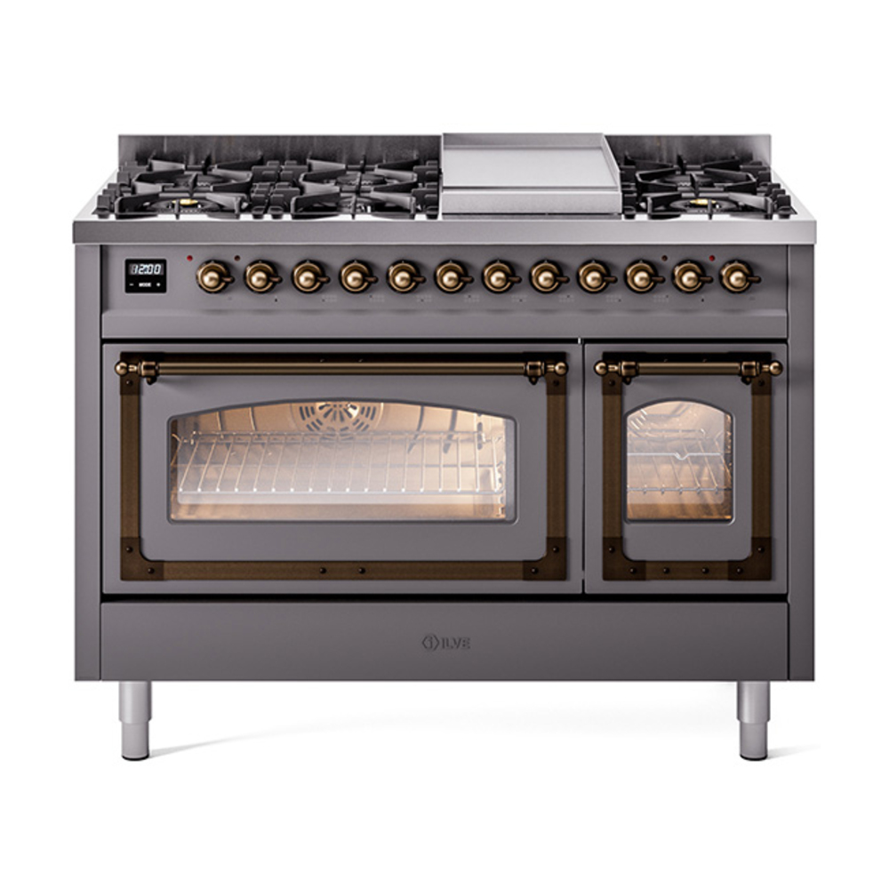 ILVE UN48FNMPMGBLP Nostalgie II Noblesse 48" Dual Fuel Range  (8 Sealed Burners + Griddle, Liquid Propane, Triple Glass Door, Graphite Matte, Bronze)