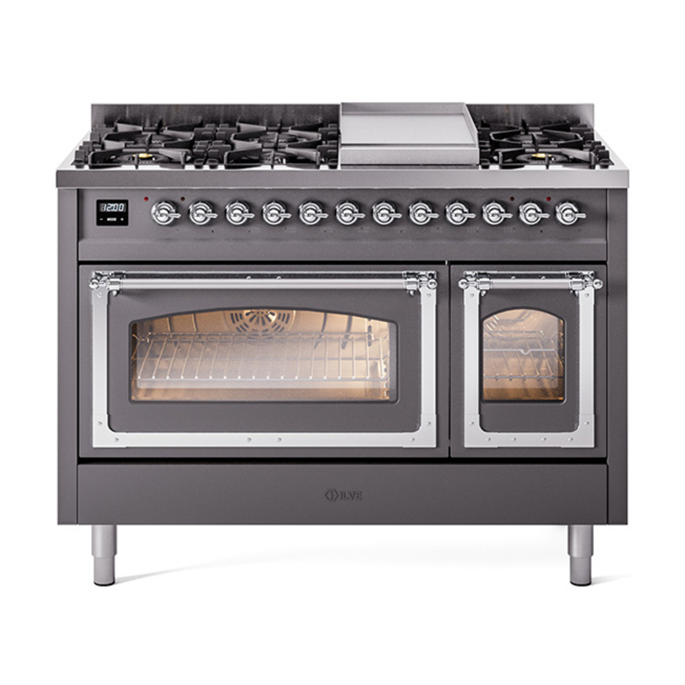 ILVE UN48FNMPMGCLP Nostalgie II Noblesse 48" Dual Fuel Range  (8 Sealed Burners + Griddle, Liquid Propane, Triple Glass Door, Graphite Matte, Chrome)