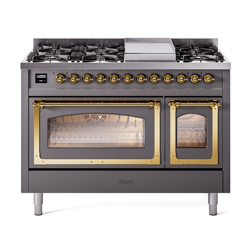 ILVE UN48FNMPMGGLP Nostalgie II Noblesse 48" Dual Fuel Range  (8 Sealed Burners + Griddle, Liquid Propane, Triple Glass Door, Graphite Matte, Brass)