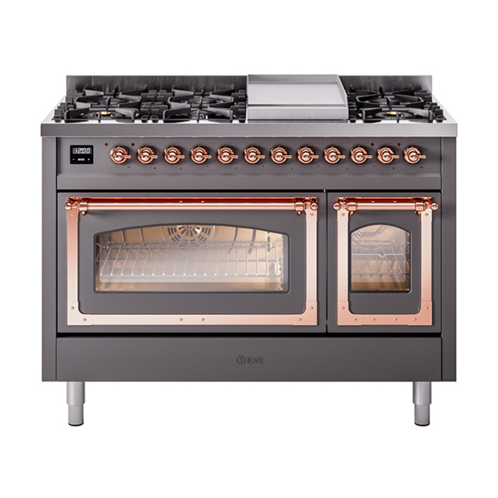 ILVE UN48FNMPMGPLP Nostalgie II Noblesse 48" Dual Fuel Range  (8 Sealed Burners + Griddle, Liquid Propane, Triple Glass Door, Graphite Matte, Copper)