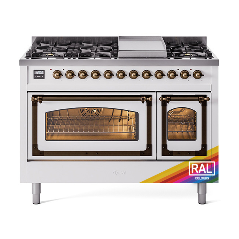 ILVE UN48FNMPRABLP Nostalgie II Noblesse 48" Dual Fuel Range  (8 Sealed Burners + Griddle, Liquid Propane, Triple Glass Door, RAL, Burnished)