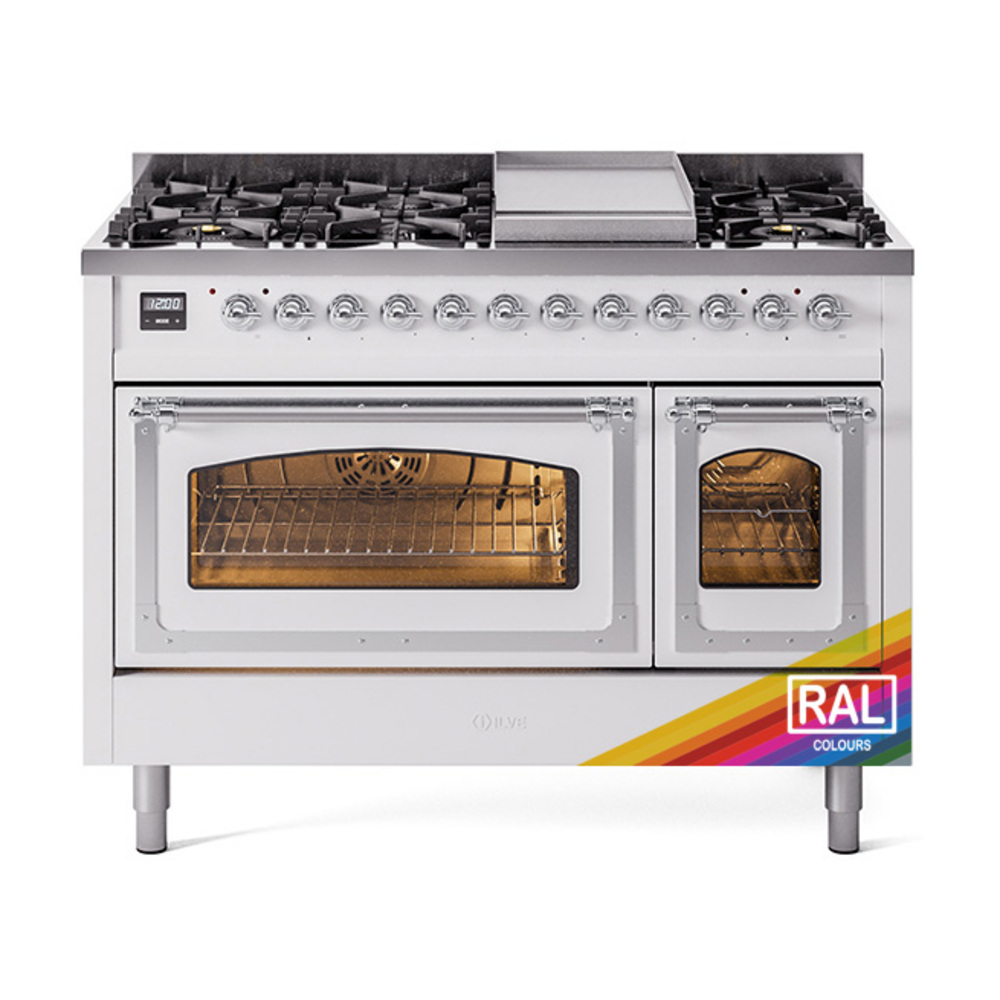 ILVE UN48FNMPRACLP Nostalgie II Noblesse 48" Dual Fuel Range  (8 Sealed Burners + Griddle, Liquid Propane, Triple Glass Door, RAL, Chrome)