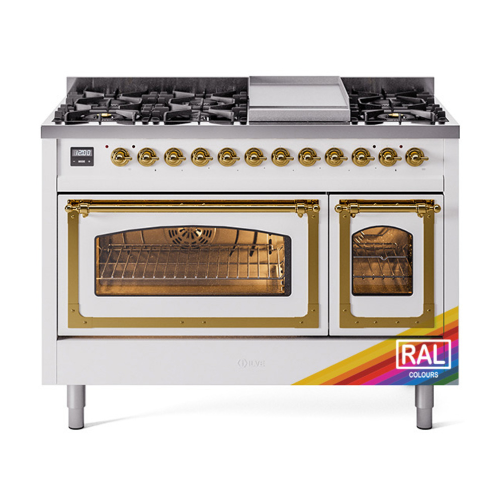 ILVE UN48FNMPRAGLP Nostalgie II Noblesse 48" Dual Fuel Range  (8 Sealed Burners + Griddle, Liquid Propane, Triple Glass Door, RAL, Brass)