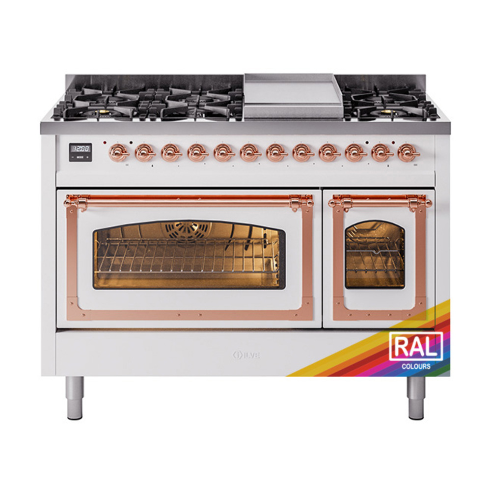 ILVE UN48FNMPRAPLP Nostalgie II Noblesse 48" Dual Fuel Range  (8 Sealed Burners + Griddle, Liquid Propane, Triple Glass Door, RAL, Copper)